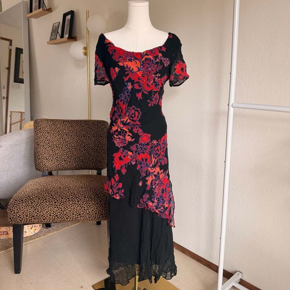 Eva Blue Vintage 90s Black Floral Sequin Midi Whimsigoth Dress Size 10
